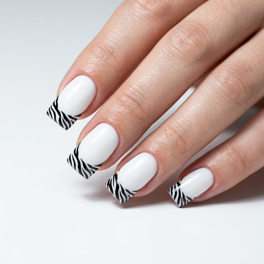 White Base Zebra French Tip Nails Ideas