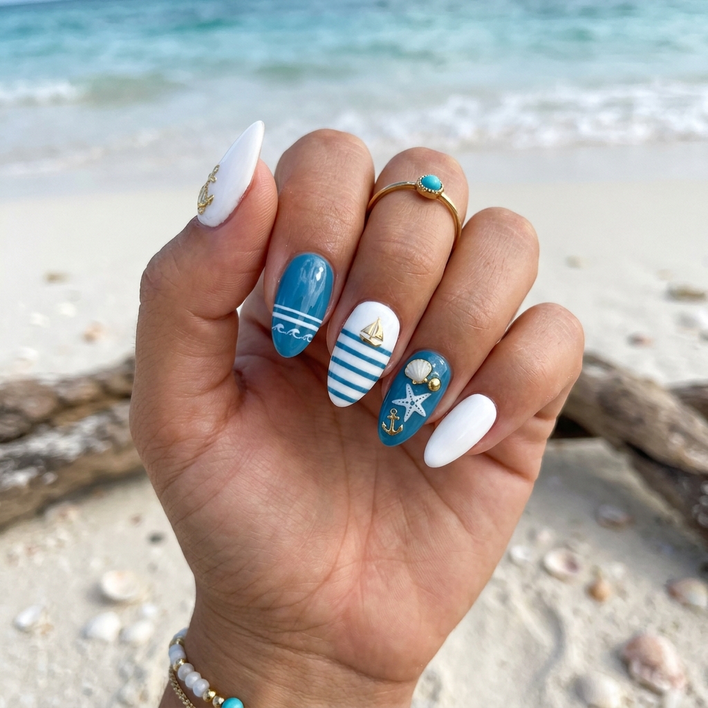 Beach Nail Ideas: 30 Refreshing Designs to Inspire Your Summer Manicure 13 White and Blue Beach Nail Idea