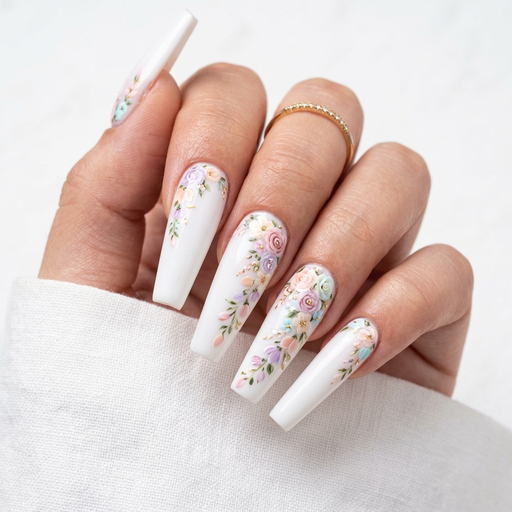 30 White Nails with Flowers Ideas: The Ultimate Guide to Romantic and Elegant Nail Inspiration 14 White Coffin Nails with Flowers