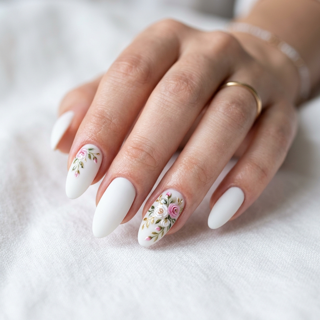 30 White Nails with Flowers Ideas: The Ultimate Guide to Romantic and Elegant Nail Inspiration 17 Matte White Nails with Flowers