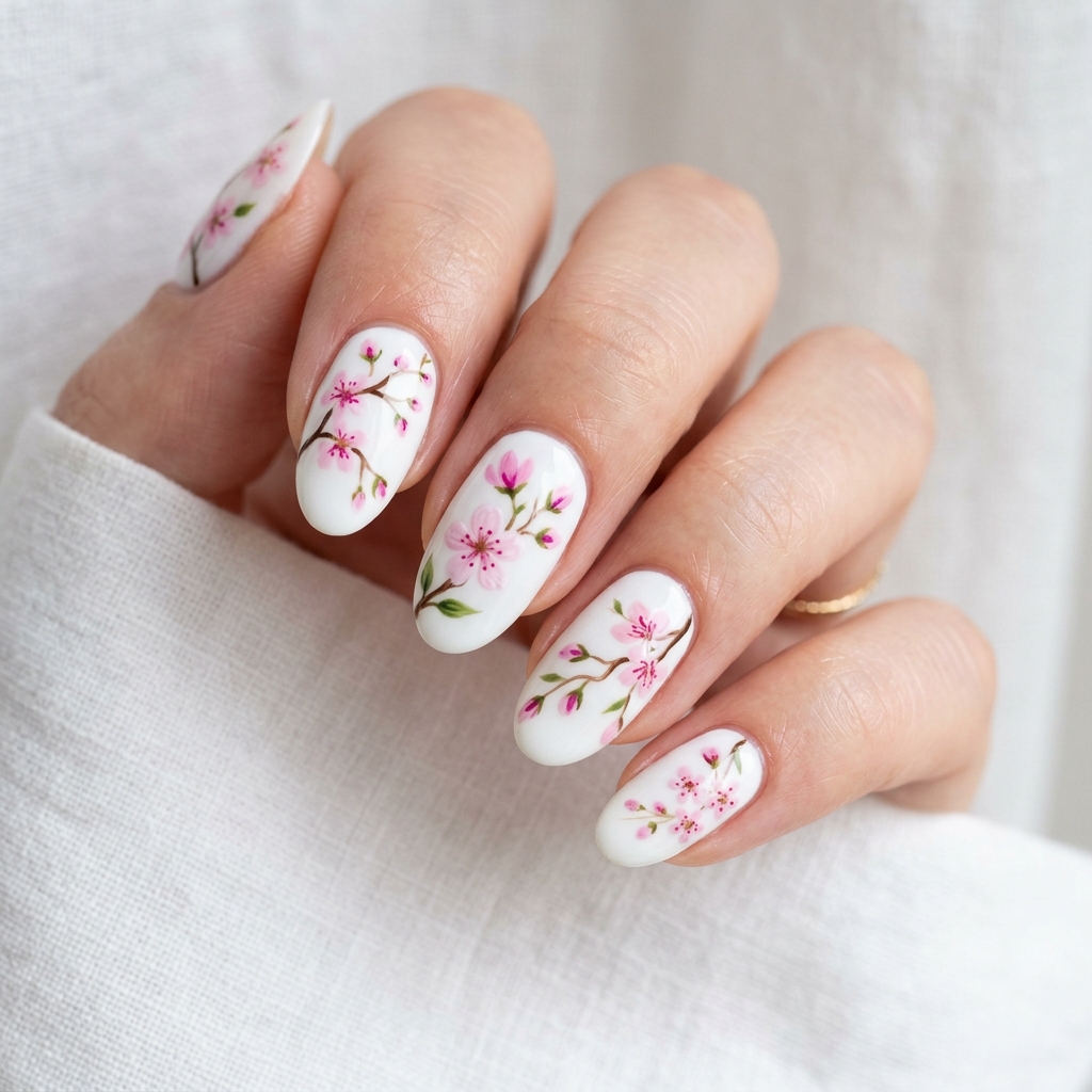 30 White Nails with Flowers Ideas: The Ultimate Guide to Romantic and Elegant Nail Inspiration 12 White Nails with Cherry Blossom Designs