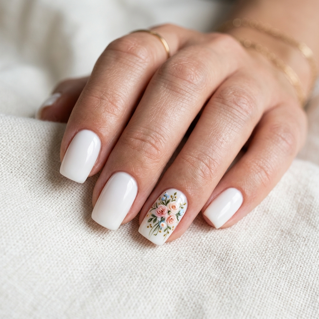 30 White Nails with Flowers Ideas: The Ultimate Guide to Romantic and Elegant Nail Inspiration 19 White Nails with Single Floral Accent