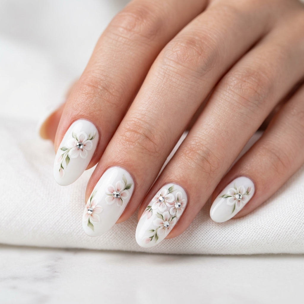 30 White Nails with Flowers Ideas: The Ultimate Guide to Romantic and Elegant Nail Inspiration 27 White Nails with Flower and Gem Accents