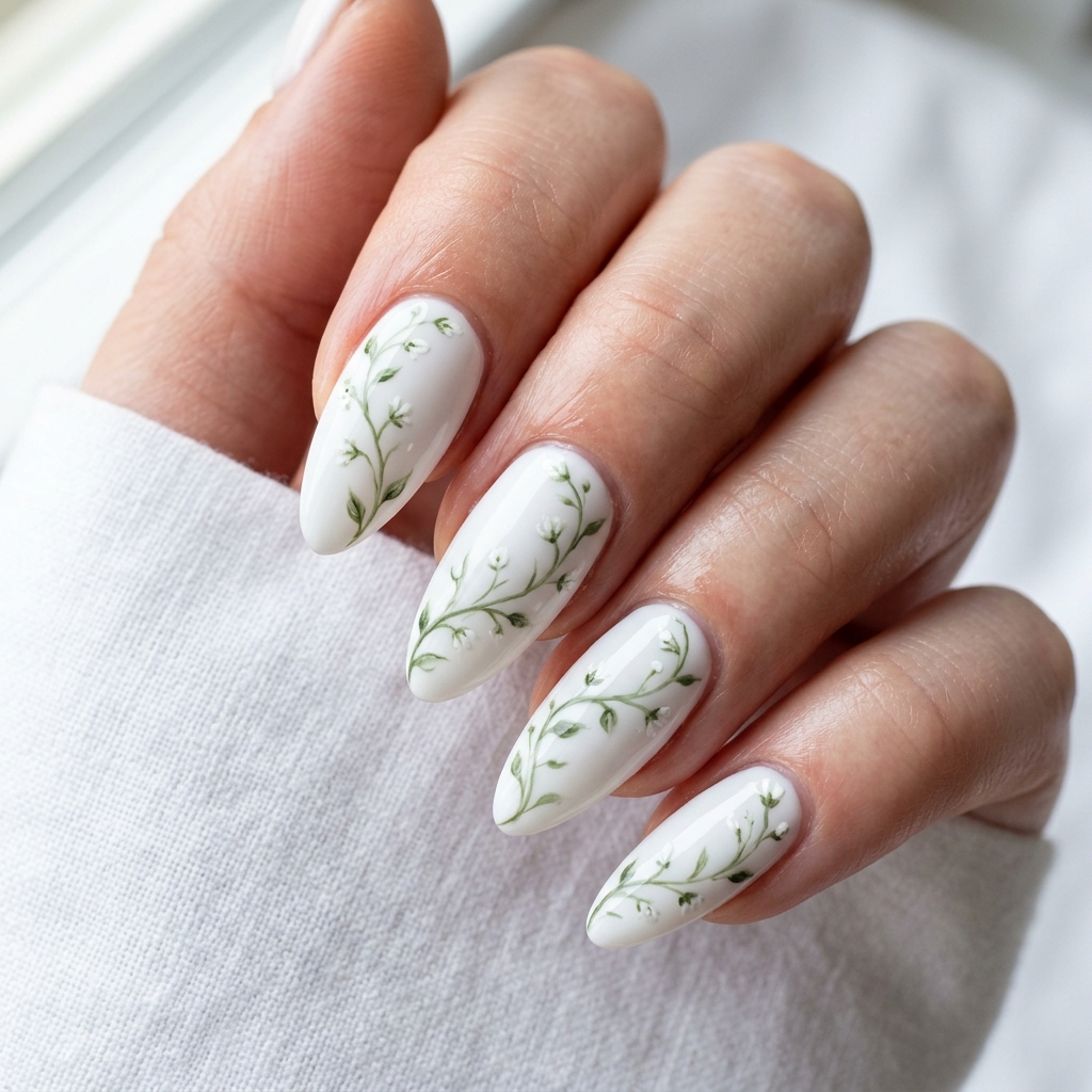 30 White Nails with Flowers Ideas: The Ultimate Guide to Romantic and Elegant Nail Inspiration 20 White Nails with Flower Vine Details