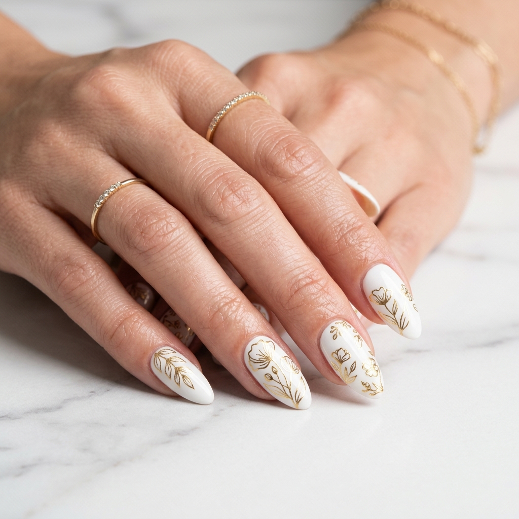30 White Nails with Flowers Ideas: The Ultimate Guide to Romantic and Elegant Nail Inspiration 9 White Nails with Gold Floral Outlines