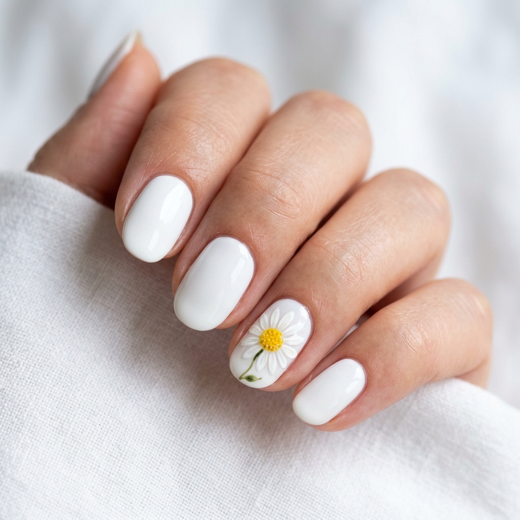 30 White Nails with Flowers Ideas: The Ultimate Guide to Romantic and Elegant Nail Inspiration 31 White Nails with Daisy Accent Nail