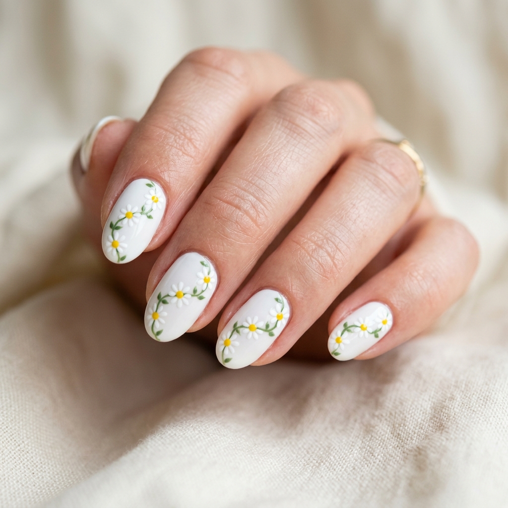 30 White Nails with Flowers Ideas: The Ultimate Guide to Romantic and Elegant Nail Inspiration 21 White Nails with Daisy Chain Design