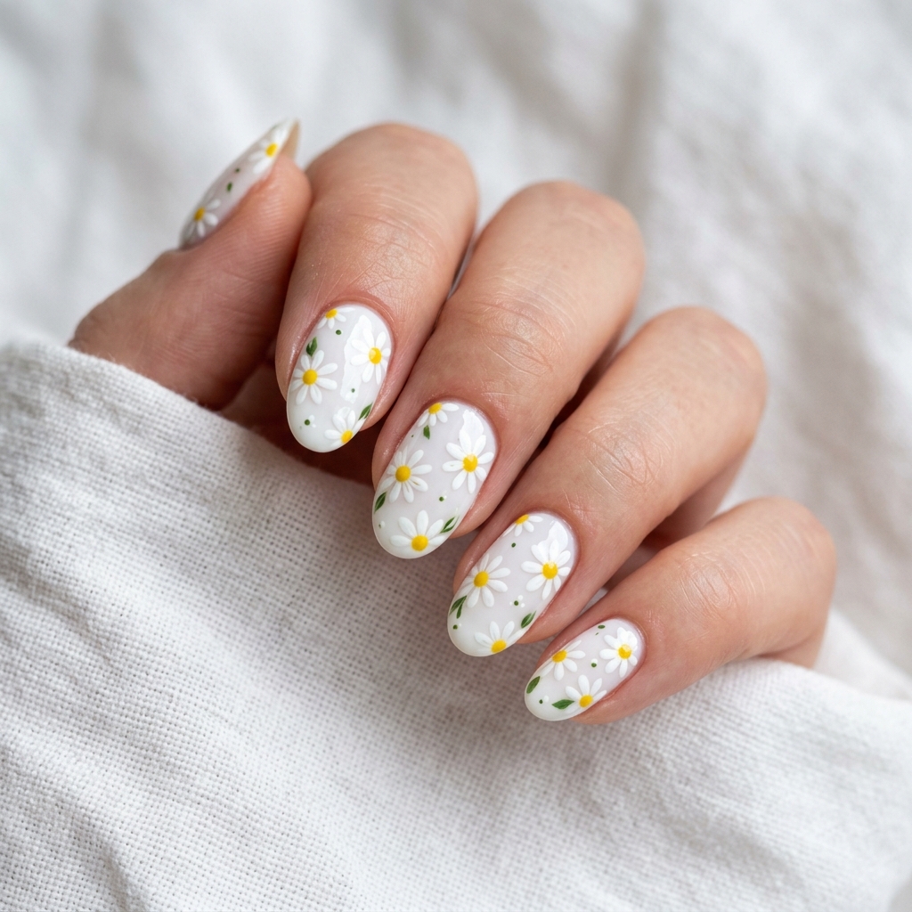 30 White Nails with Flowers Ideas: The Ultimate Guide to Romantic and Elegant Nail Inspiration 2 White Nails with Daisy Flowers