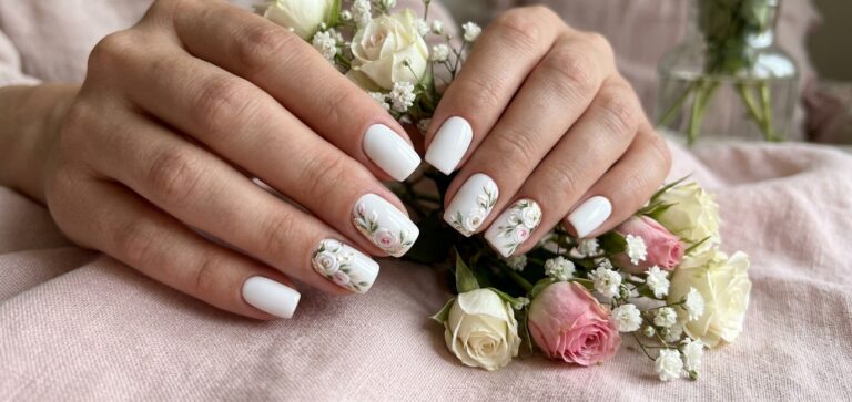 white nails with flowers