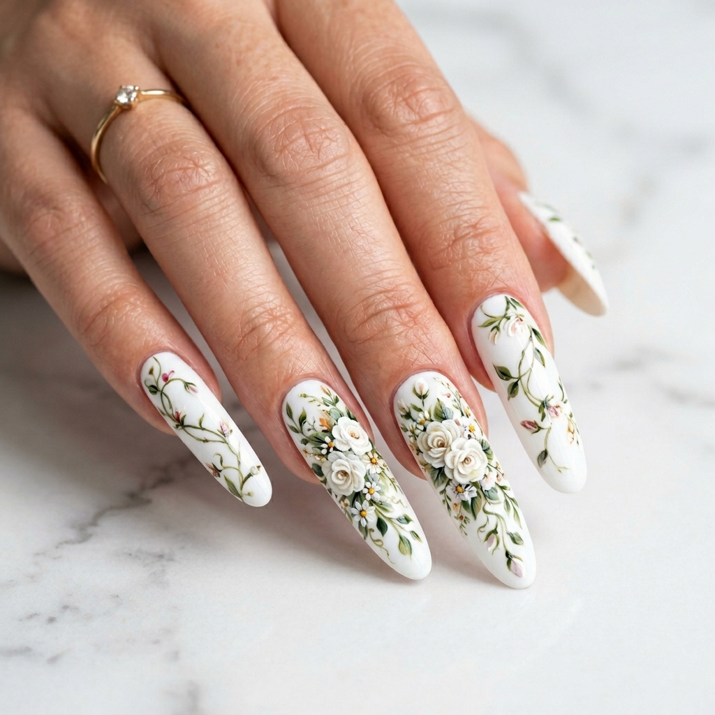 30 White Nails with Flowers Ideas: The Ultimate Guide to Romantic and Elegant Nail Inspiration 16 White Long Nails with Flowers