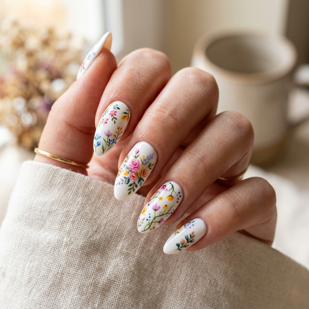 30 White Nails with Flowers Ideas: The Ultimate Guide to Romantic and Elegant Nail Inspiration 3 White Nails with Hand Painted Florals