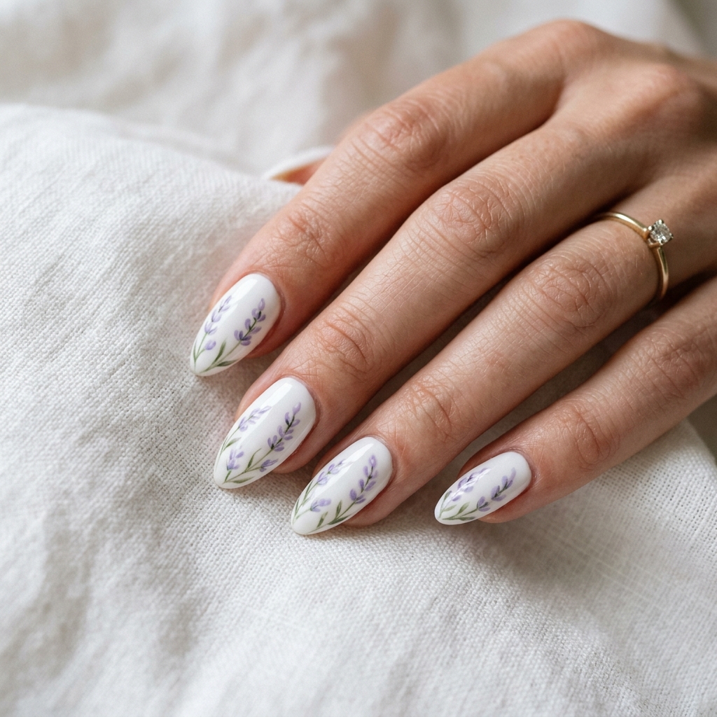 30 White Nails with Flowers Ideas: The Ultimate Guide to Romantic and Elegant Nail Inspiration 22 White Nails with Lavender Floral Accents