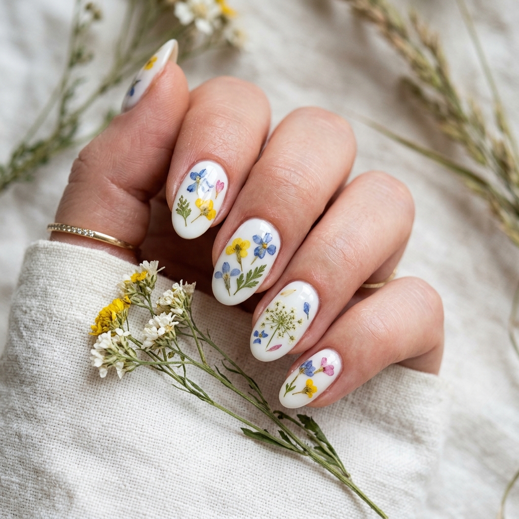 30 White Nails with Flowers Ideas: The Ultimate Guide to Romantic and Elegant Nail Inspiration 4 White Nails with Pressed Flowers