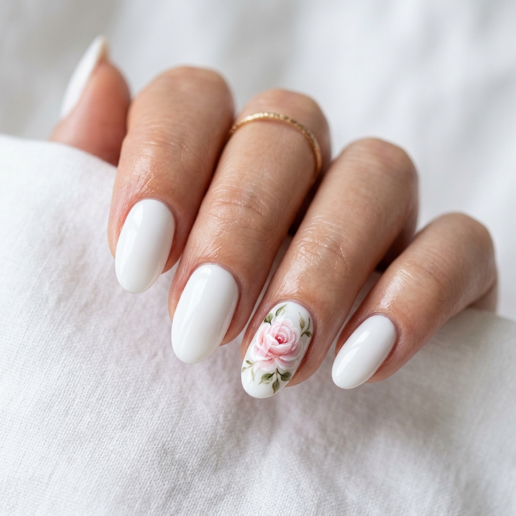 30 White Nails with Flowers Ideas: The Ultimate Guide to Romantic and Elegant Nail Inspiration 23 White Nails with Rose Floral Details