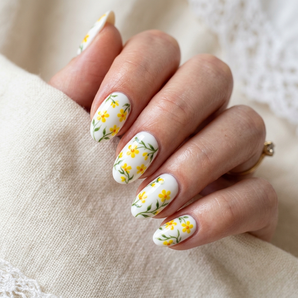 30 White Nails with Flowers Ideas: The Ultimate Guide to Romantic and Elegant Nail Inspiration 8 White Nails with Yellow Floral Accents