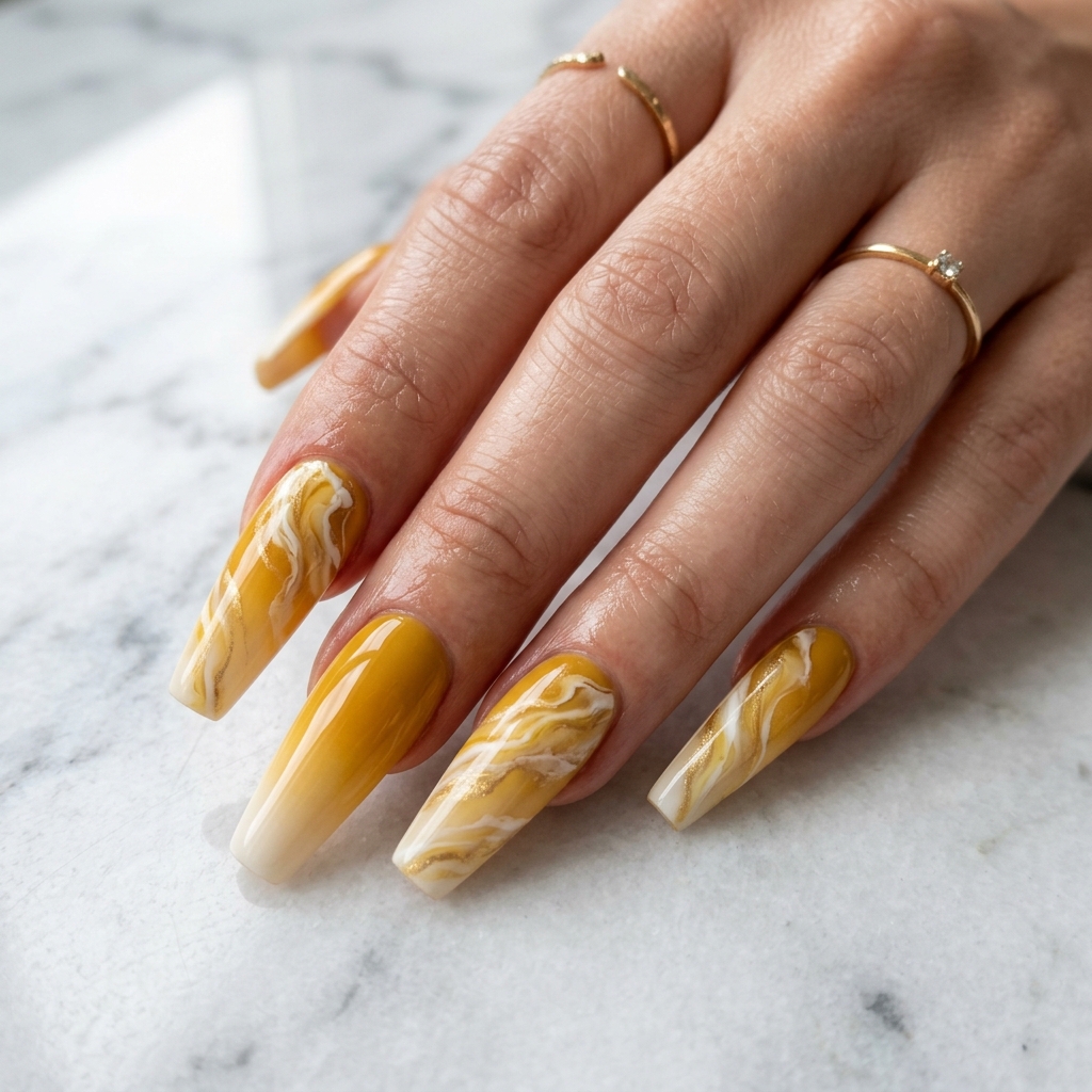 Yellow Ombre Nails 30 Ideas: The Ultimate Guide to Sunny, Gradient Manicures 26 Yellow Marble Ombre Nails