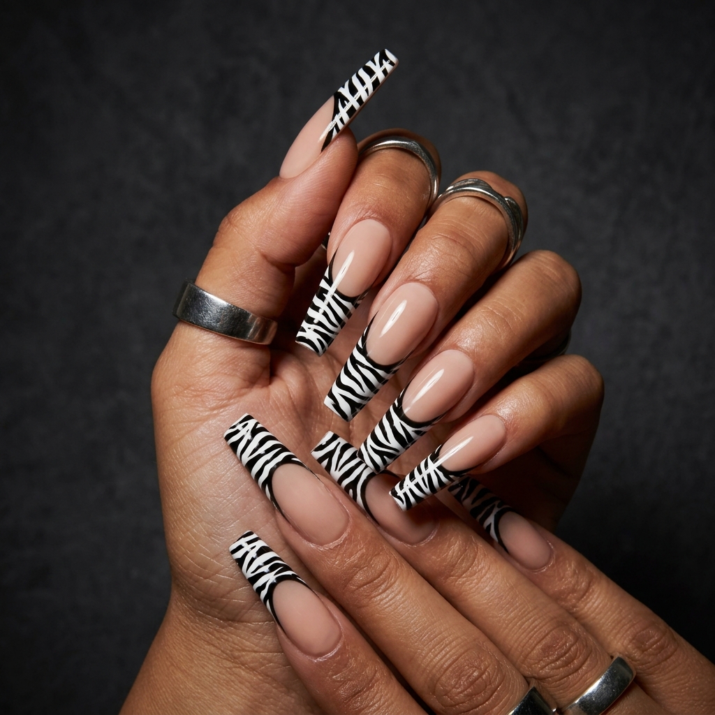 Bold Zebra French Tip Nails Ideas