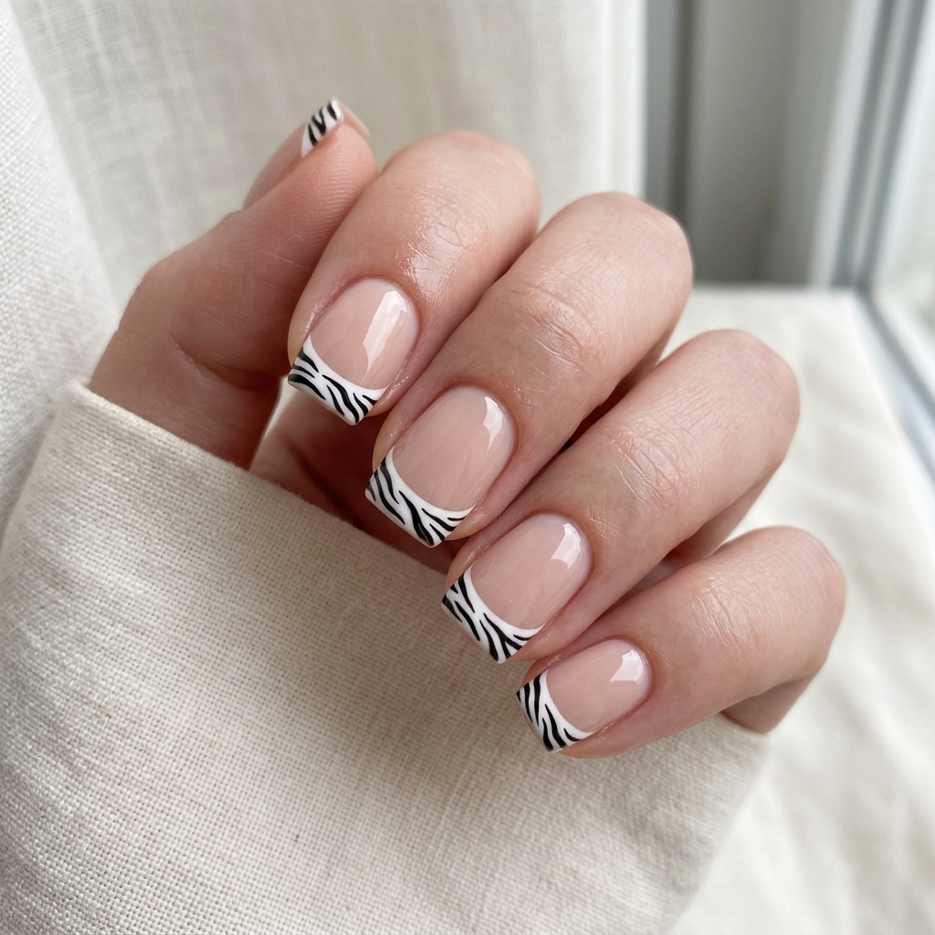 Short Zebra French Tip Nails Ideas