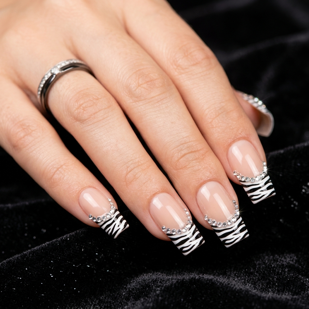 Zebra French Tip with Rhinestone Nail Ideas