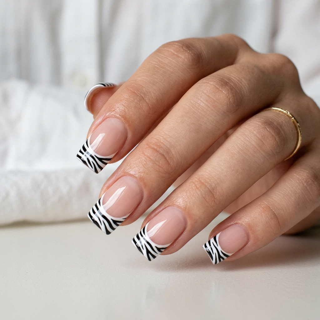 Press-On Zebra French Tip Nail Ideas