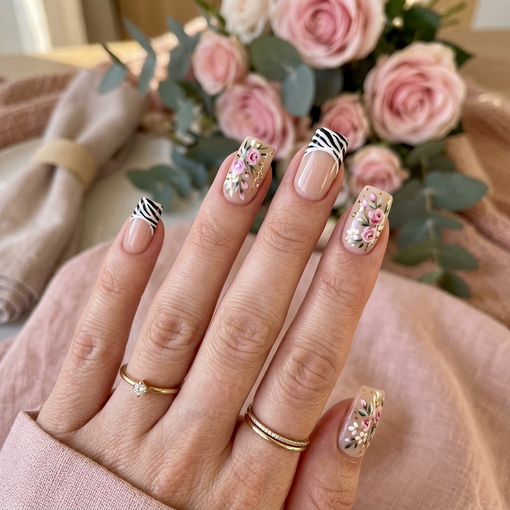 Zebra French Tip with Floral Nail Ideas
