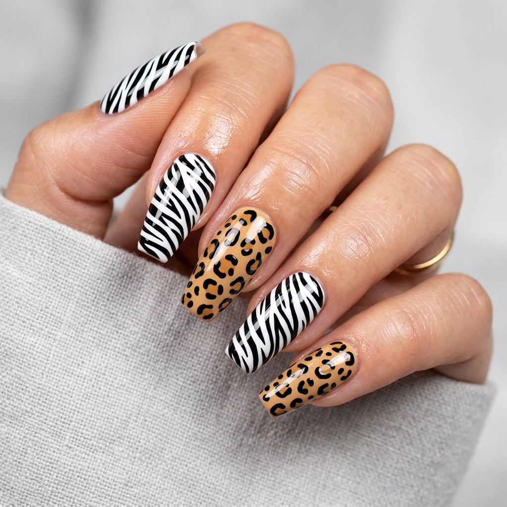 Zebra and Leopard Mixed Print Nail Art Ideas