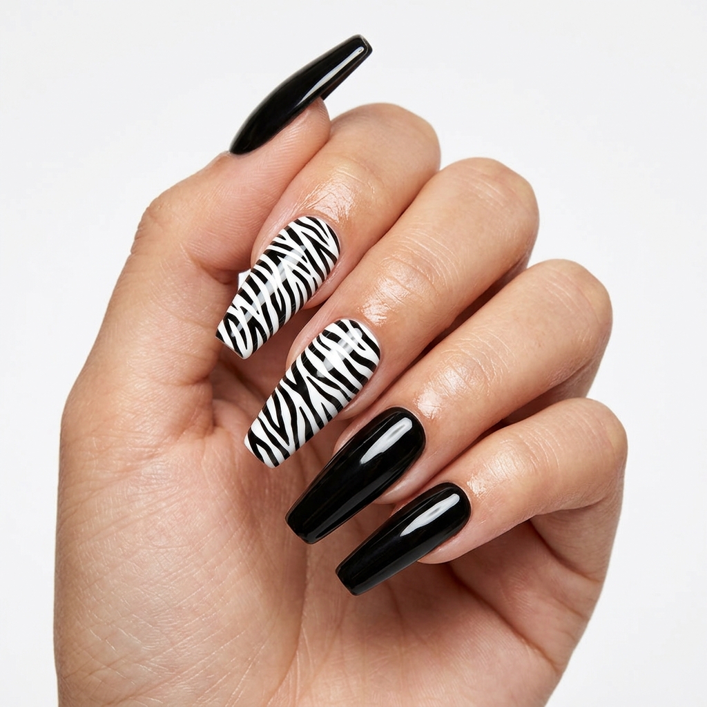 Zebra Nail Art Coffin Shape Ideas