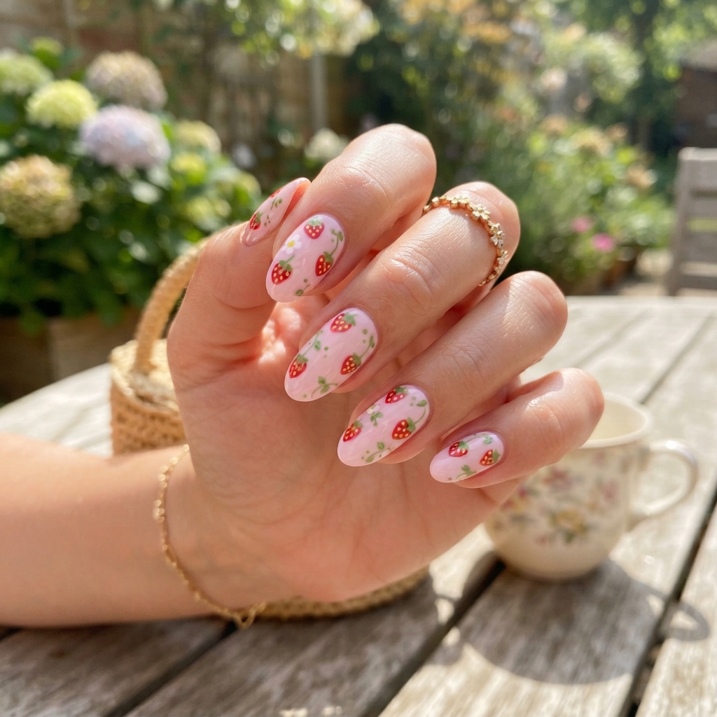 Strawberry Print Really Cute Nails Idea
