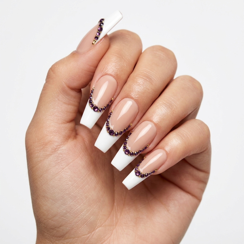 Purple French Tip Nails with Gems Ideas