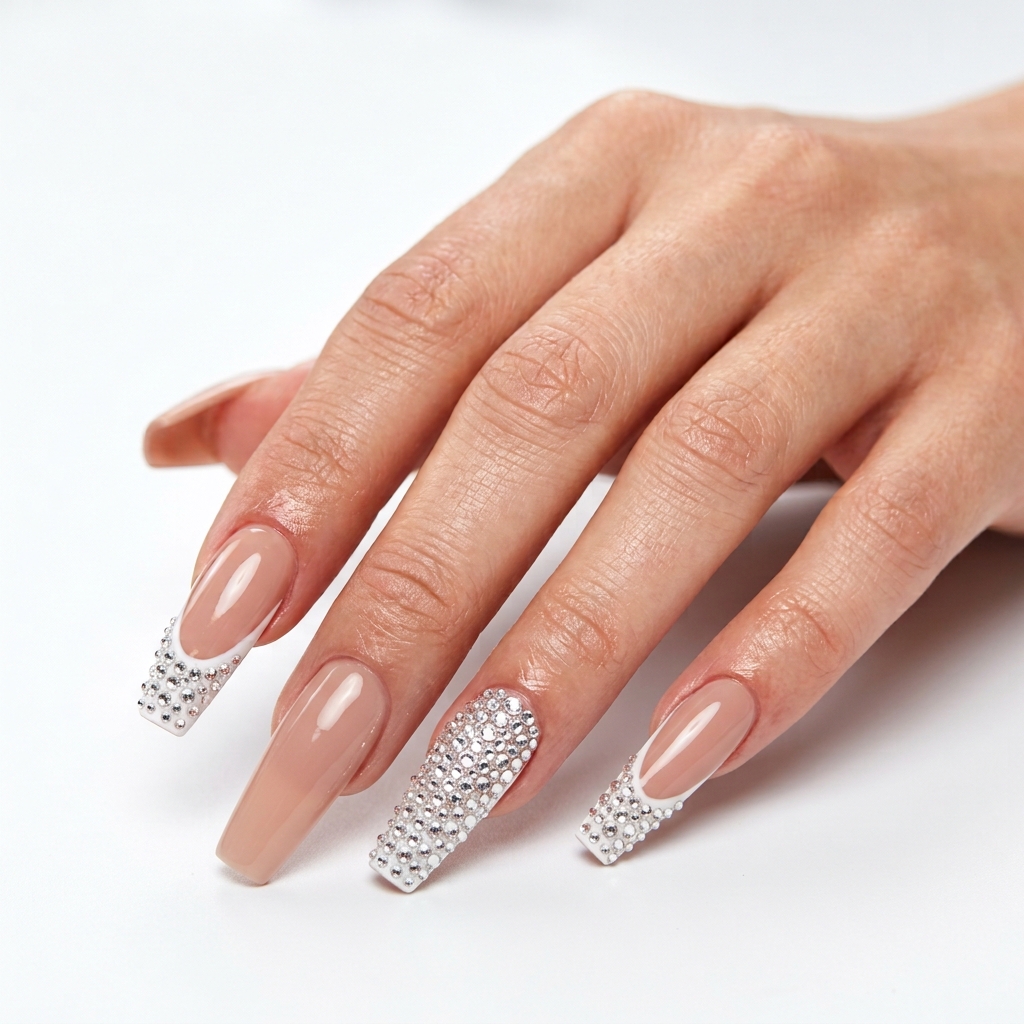 Coffin French Tip Nails with Gems Ideas