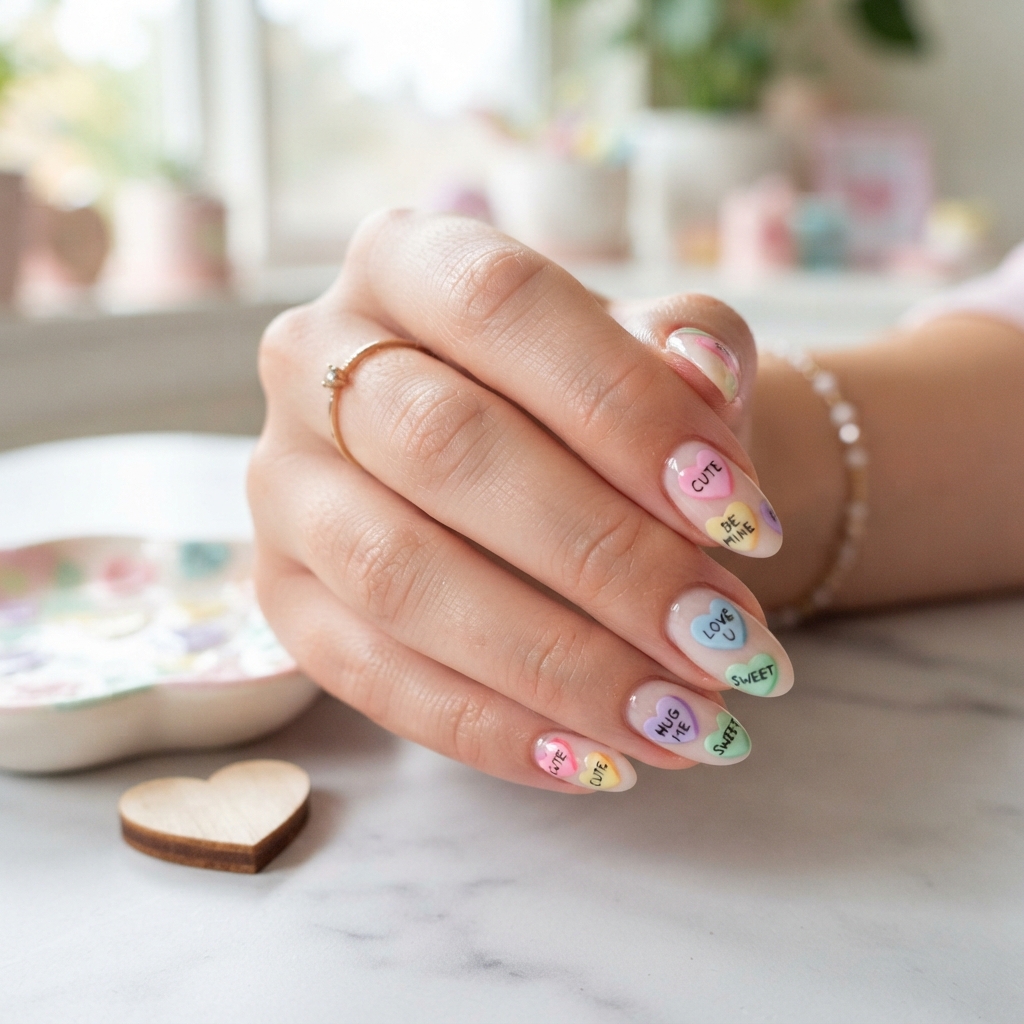 30 Pink Valentines Day Nails Ideas You'll Love 14 Candy Heart Pink Valentines Day Nails Art Idea