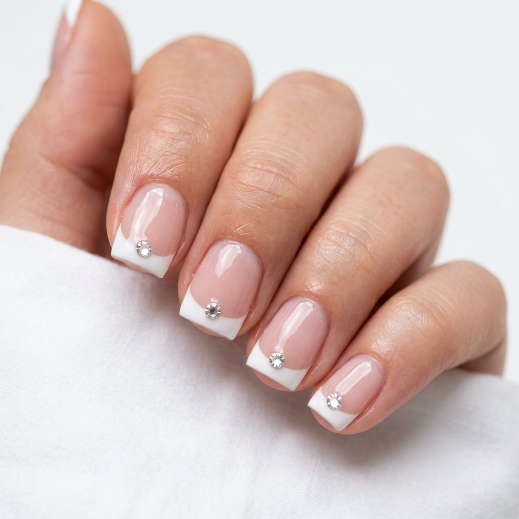 Short French Tip Nails with Gems Ideas