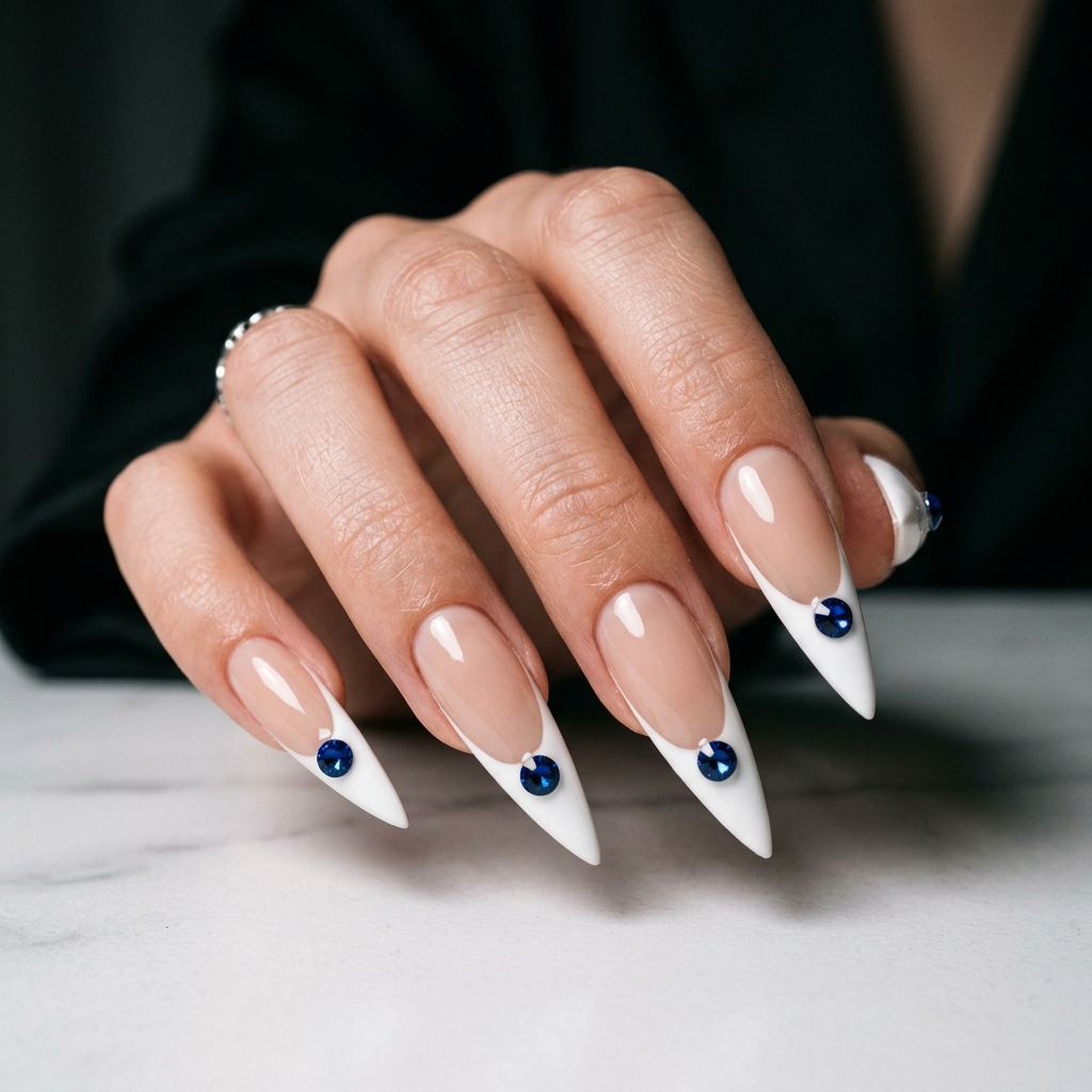 Stiletto French Tip Nails with Gems Ideas