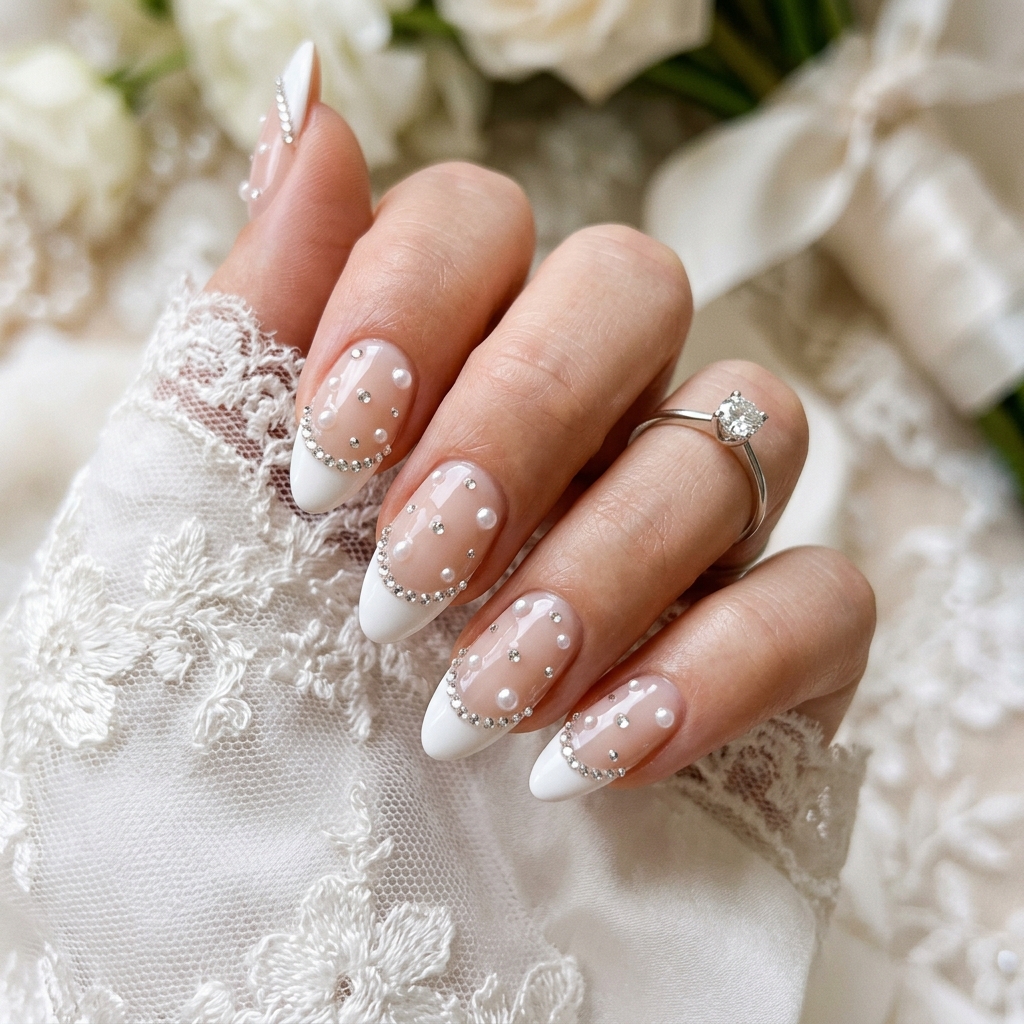 Bridal French Tip Nails with Gems Ideas