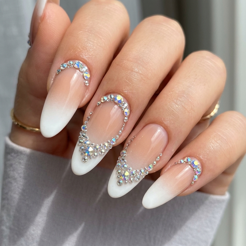 Ombre French Tip Nails with Gems Ideas