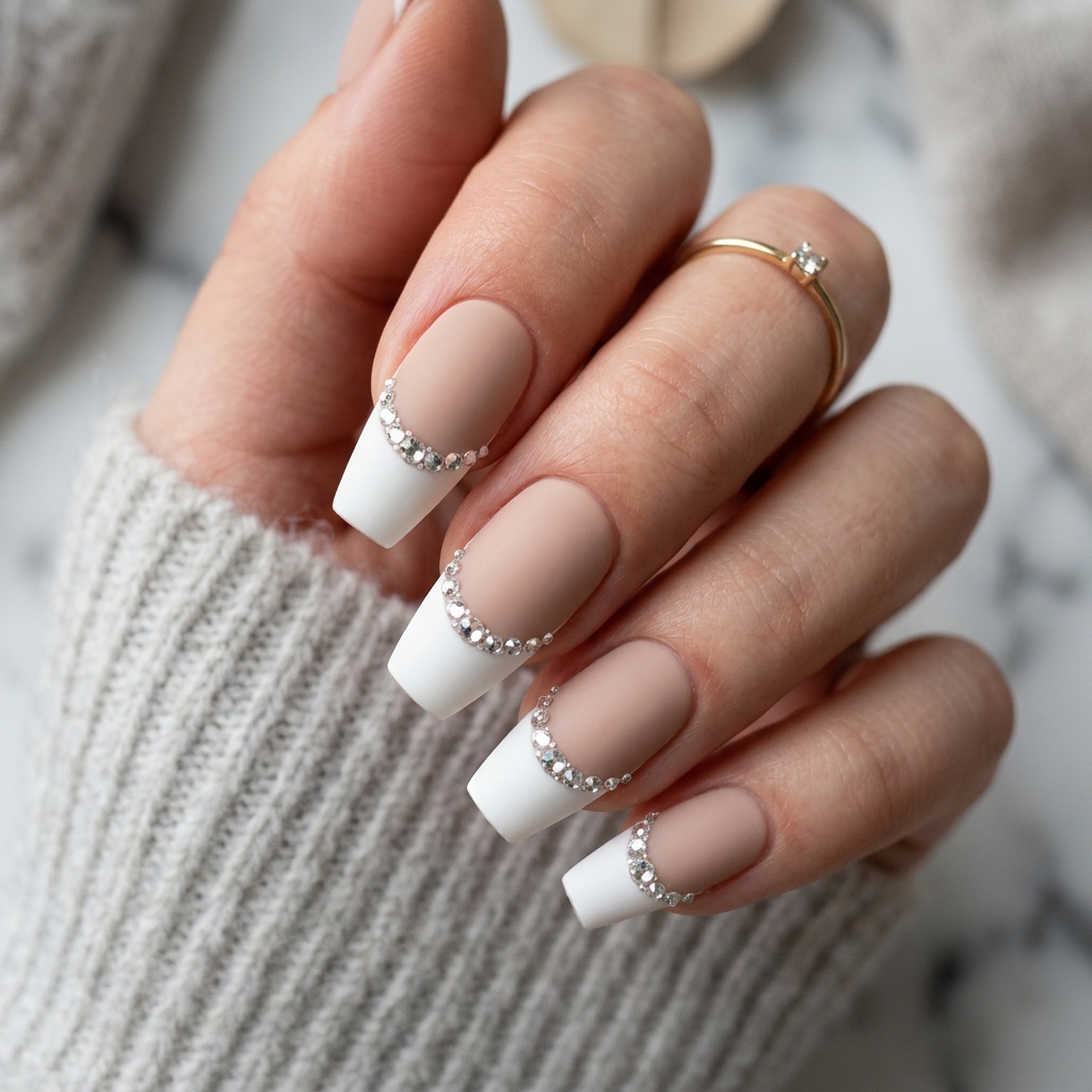 Matte French Tip Nails with Gems Ideas