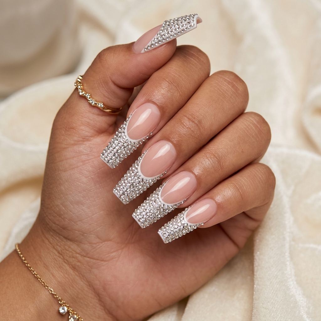 Acrylic French Tip Nails with Gems Ideas