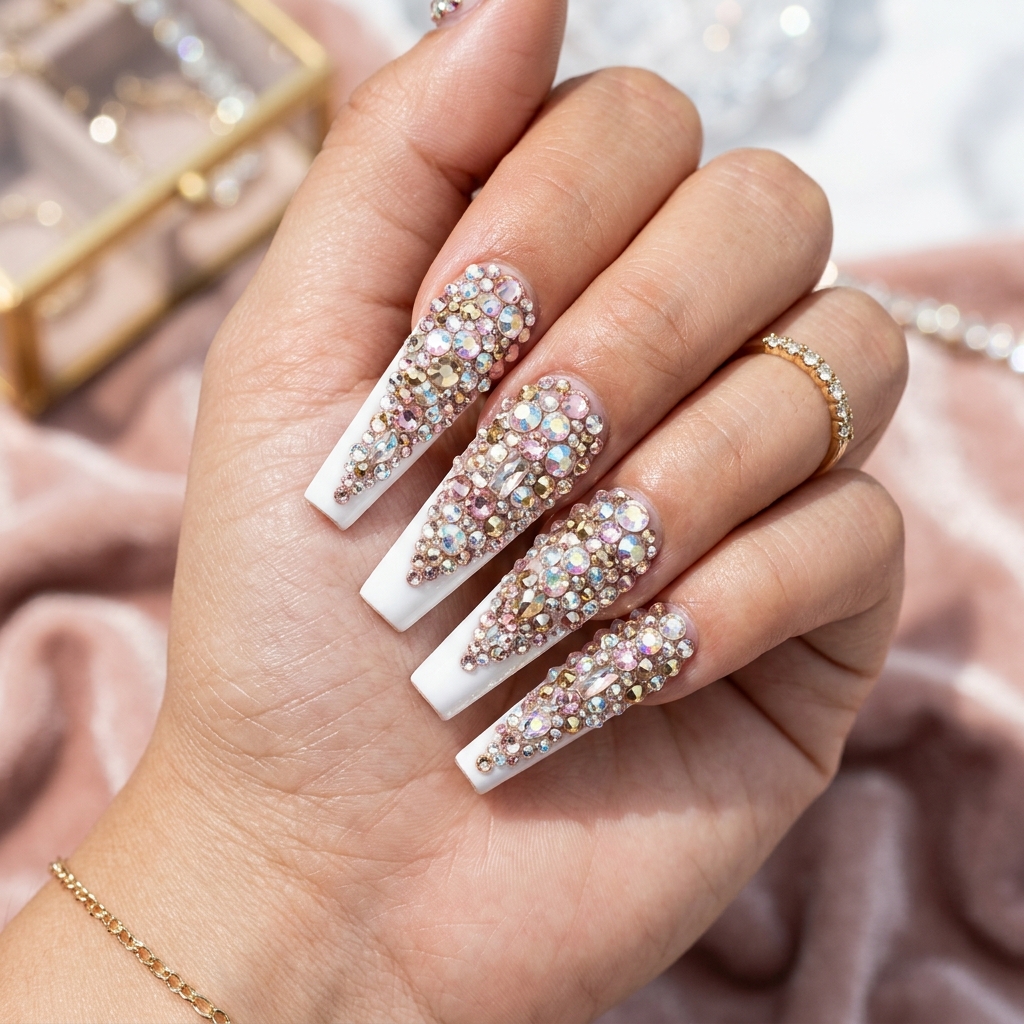 Maximalist French Tip Nails with Gems Ideas