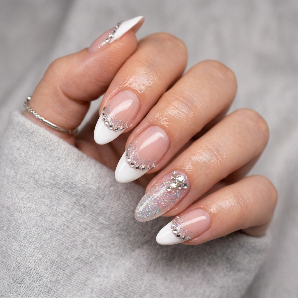 French Tip Nails with Gems and Glitter Ideas