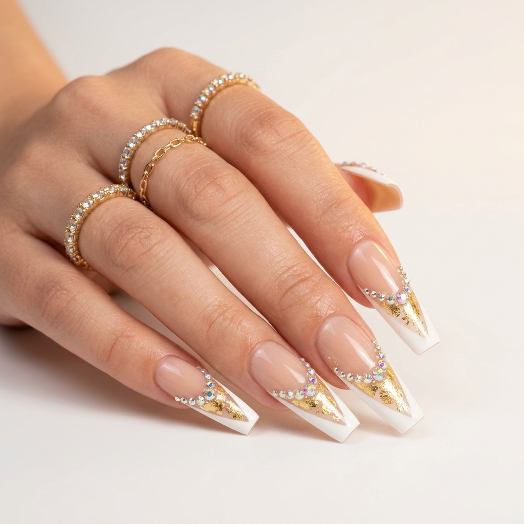 French Tip Nails with Gems and Gold Foil Ideas