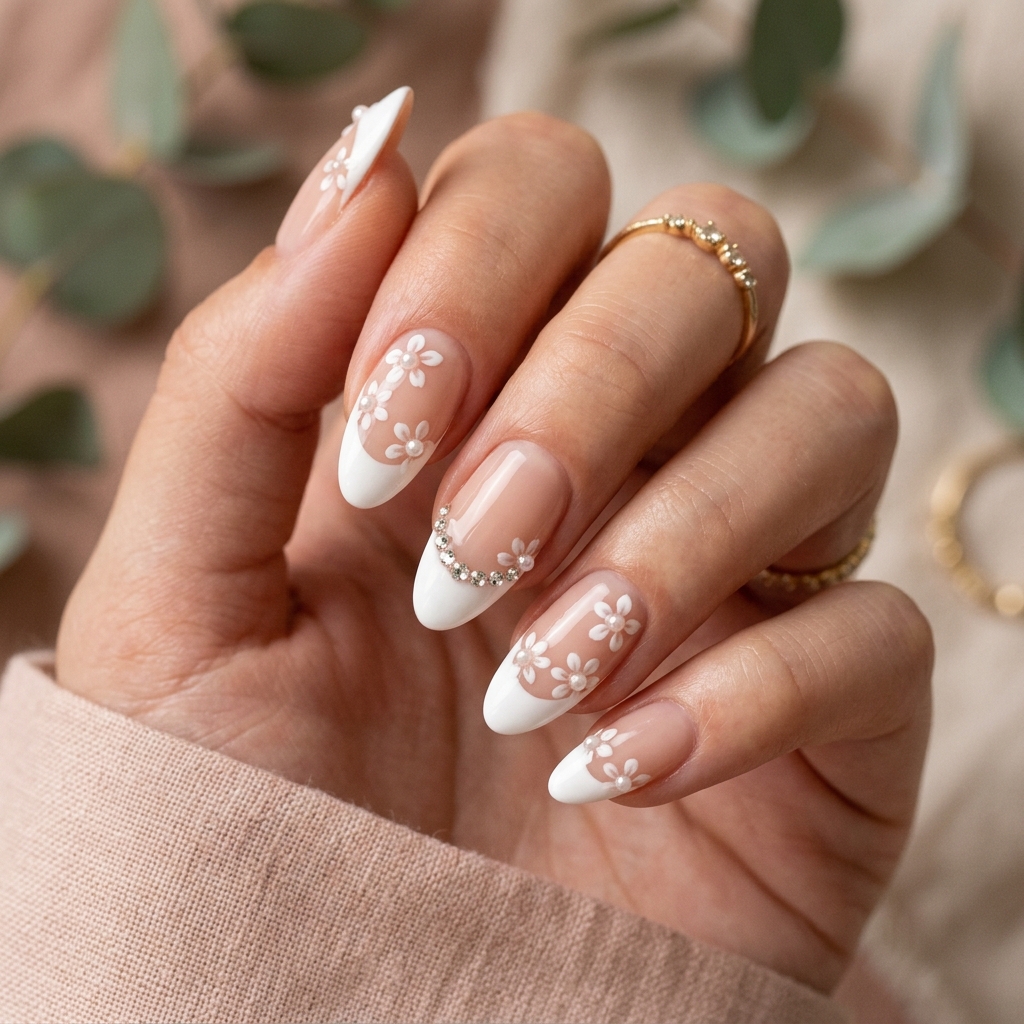 French Tip Nails with Gems and Floral Art Ideas