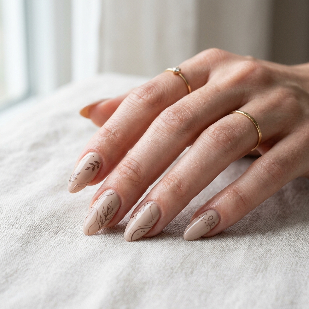 30 Neutral Almond Nails Ideas You'll Want to Save 27 Neutral Almond Nails with Fine Line Art Idea