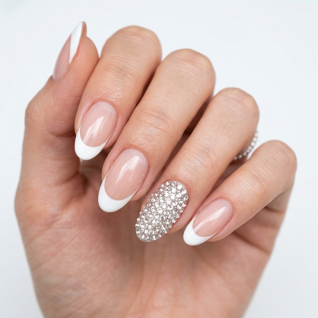 French Tip Nails with Gems Accent Nail Ideas