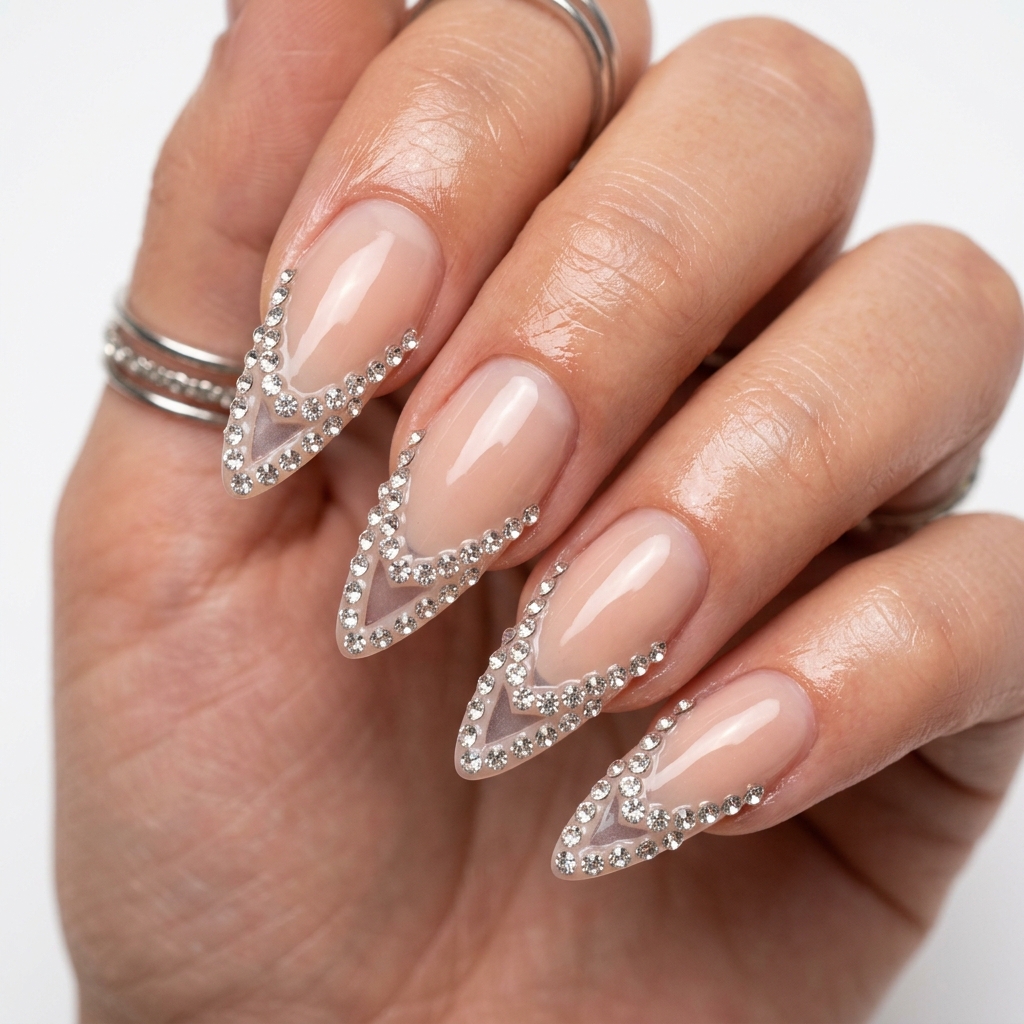 French Tip Nails with Gems Negative Space Ideas