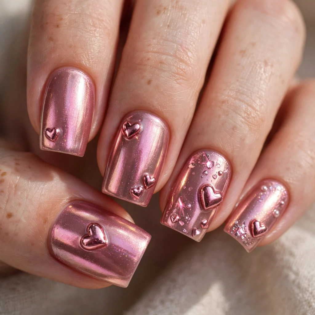 Metallic Pink Heart Nails Idea