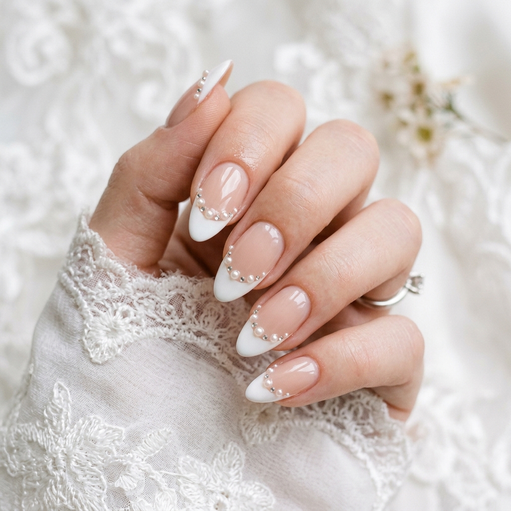Pearl French Tip Nails with Gems Ideas