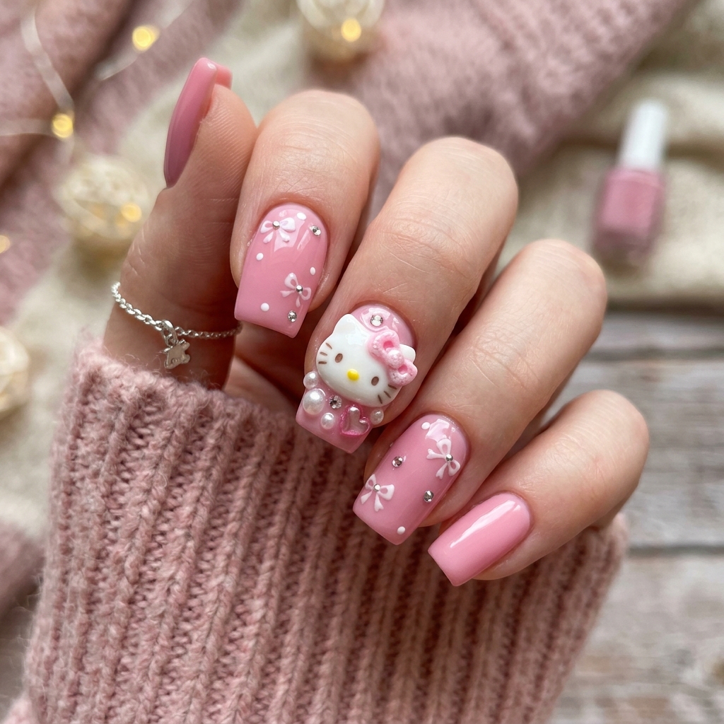 30 Hello Kitty Nails Ideas to Spark Your Next Manicure 24 3D Hello Kitty Nails Idea