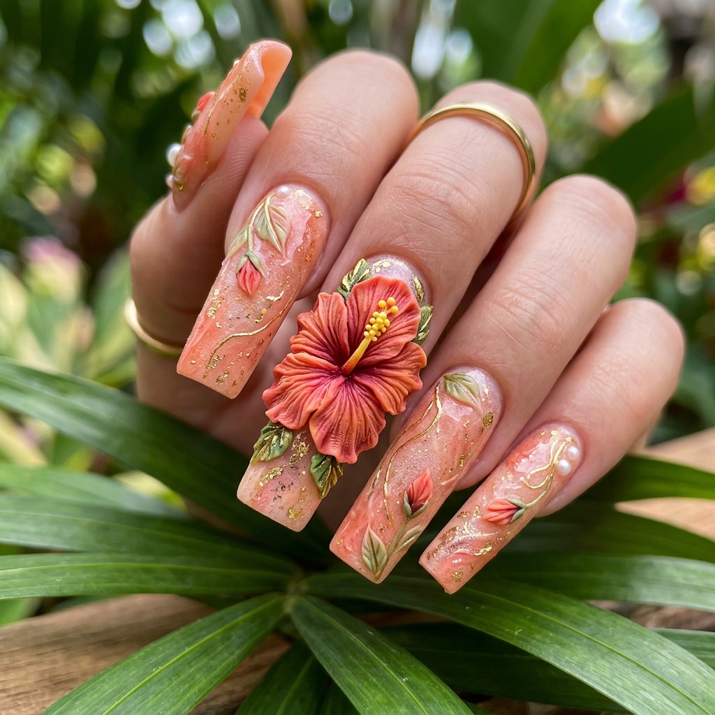 3D Hibiscus Flower Nail Ideas