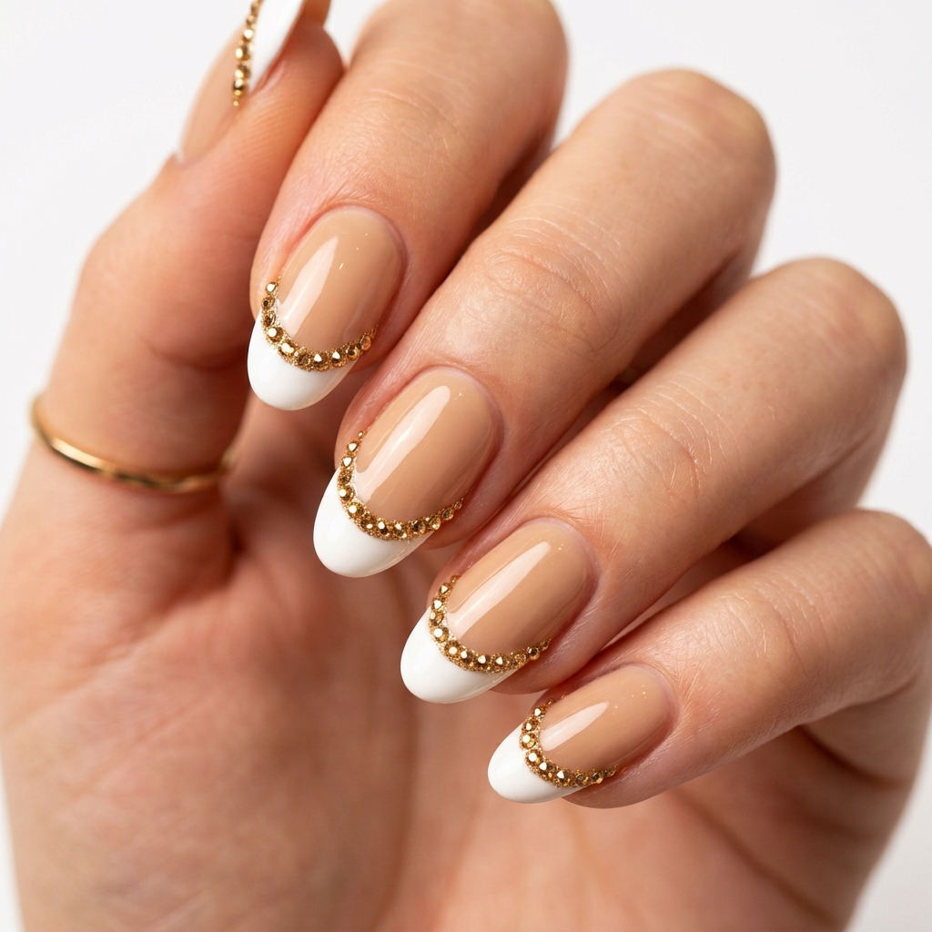 Gold French Tip Nails with Gems Ideas
