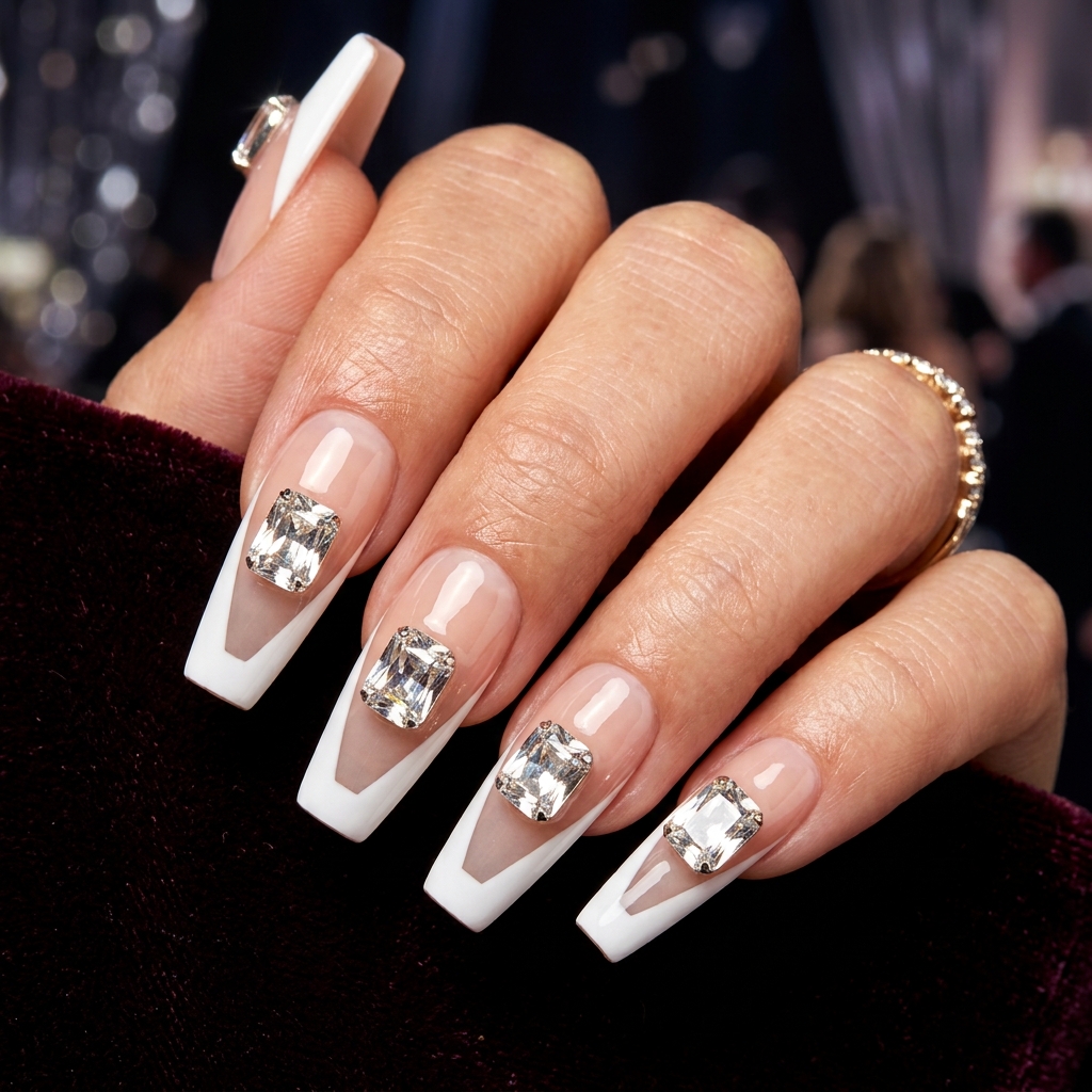 Diamond French Tip Nails with Gems Ideas